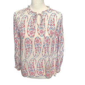 Talbots Petite Top Women's SP White Pink Blue Floral‎ Print Peasant Blouse